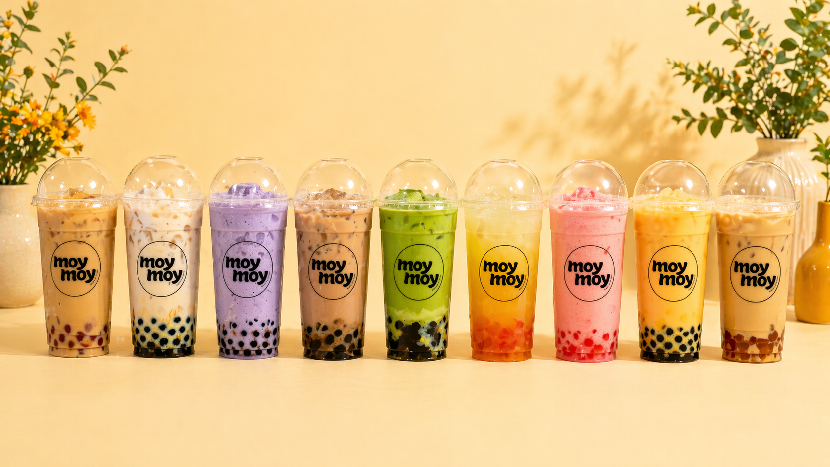 A lineup of nine MOY-MOY bubble teas, milk teas to fruit teas